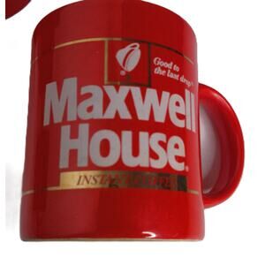 Vintage Maxwell House Instant Coffee Mugs Cups Red Gold Trim 12 OZ Set of 5